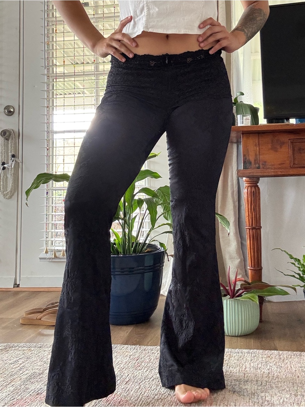 Kookai Black Lace-Waist Flare Pants